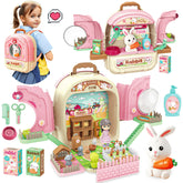 YCFUN Pretend Play Toys for Girls, Pets Rabbit Play Set for Kids Age 3+, Plastic Toddler Toys Pet Carrier Backpack, Pink